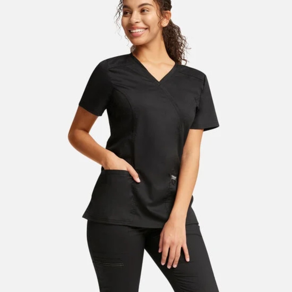 Cherokee Workwear Revolution Women's Mock Wrap Solid Black Scrub Top XXS